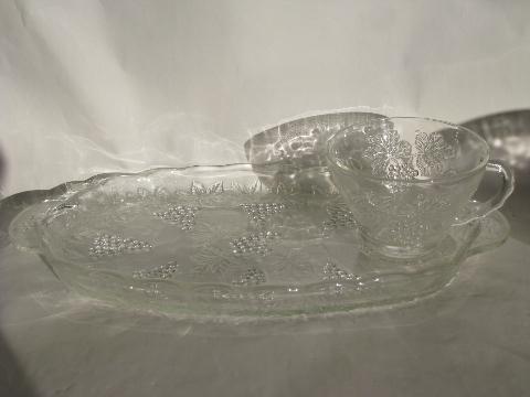 vintage grapes pattern pressed glass snack sets, crystal clear