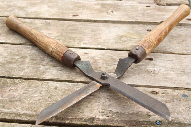 vintage grass cutters garden shears, forged steel blades w/ hickory hardwood handles