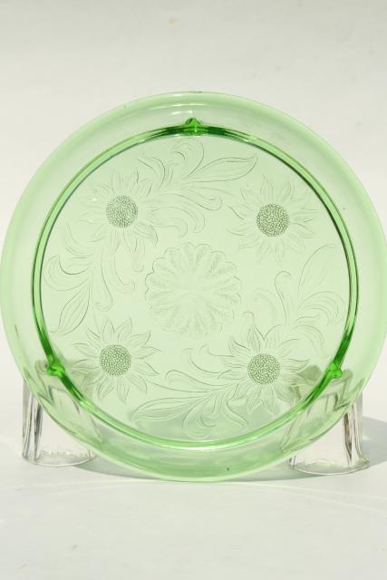vintage green depression glass cake plate, Jeannette sunflower low plateau cake stand