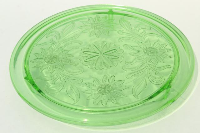 vintage green depression glass cake plate, Jeannette sunflower low plateau cake stand