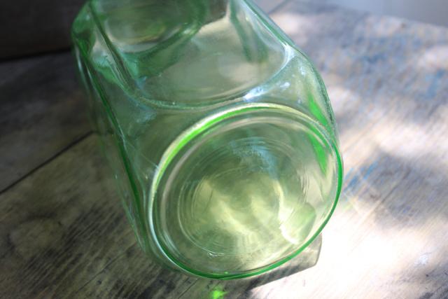 vintage green depression glass canister, quart hoosier jar w/ square shape