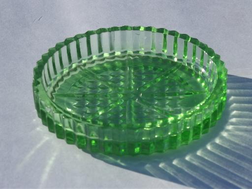 vintage green depression glass coasters, mixed patterns lot of four
