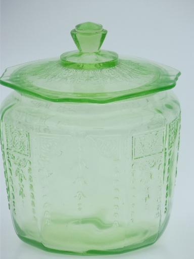 vintage green depression glass cookie or biscuit jar, canister w/ lid