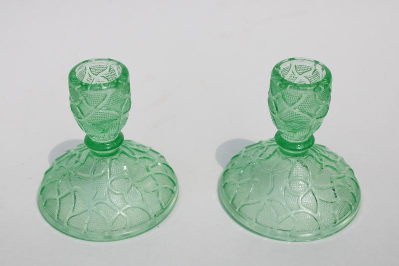 vintage green depression glass crackle cracked ice uranium glass candle holders