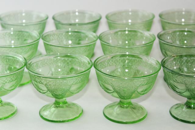 vintage green depression glass sherbets, Federal Georgian Lovebirds pattern glasses