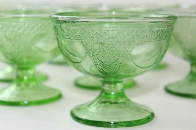 vintage green depression glass sherbets, Federal Georgian Lovebirds pattern glasses