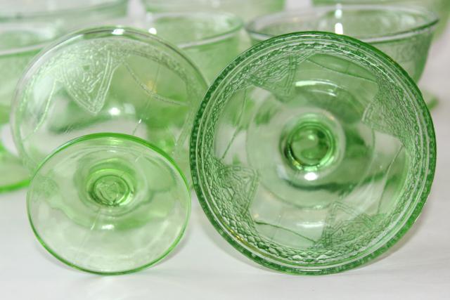 vintage green depression glass sherbets, Federal Georgian Lovebirds pattern glasses