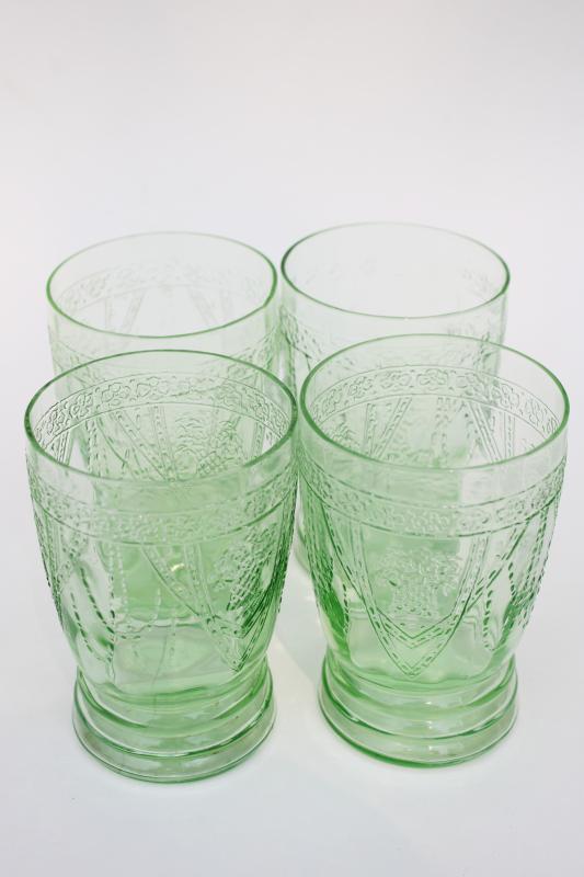 vintage green depression glass tumblers, Federal Georgian drinking glasses lovebirds