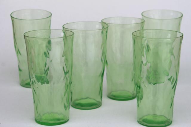 vintage green depression glass tumblers, hex optic honeycomb pattern drinking glasses