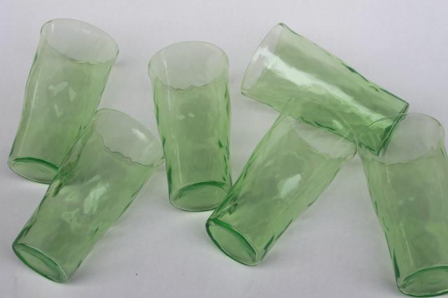 vintage green depression glass tumblers, hex optic honeycomb pattern drinking glasses