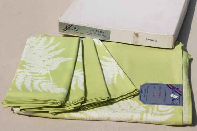 vintage green ferns print tablecloth & napkins set, rayon / cotton cloth table linens