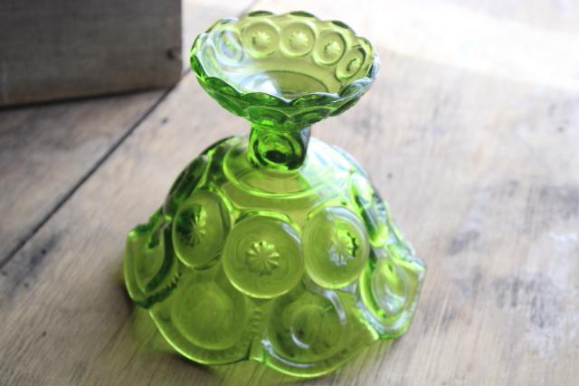 vintage green glass Moon & Stars pattern candy dish or small compote bowl