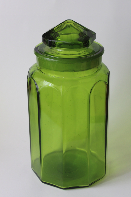 vintage green glass canister jar, L E Smith paneled pattern large cookie jar w/ lid