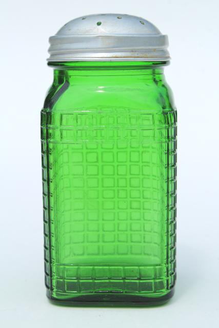 vintage green glass canister jar, square waffle glass hoosier spice set bottle w/ metal lid