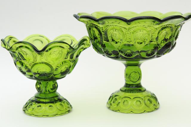 vintage green glass compotes, moon & stars pattern pedestal bowls, large and small