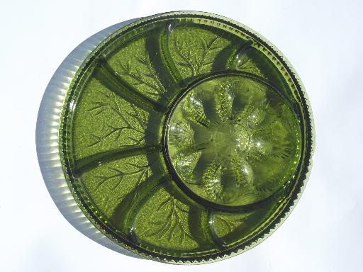 vintage green glass deviled egg plate relish tray, Indiana glass egg plate