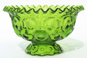 vintage green glass moon & stars crimped ruffle edge bowl, footed flower vase