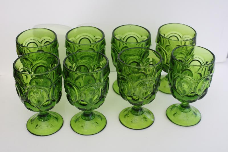 vintage green glass water goblets or big wine glasses, moon and stars pattern pressed glass