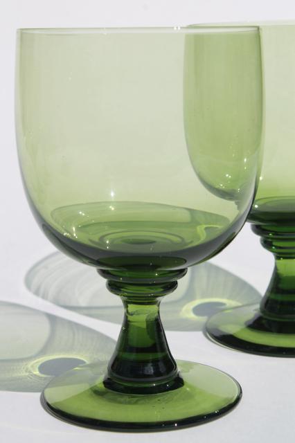 vintage green glass water goblets or large wine glasses, moss olive avocado green