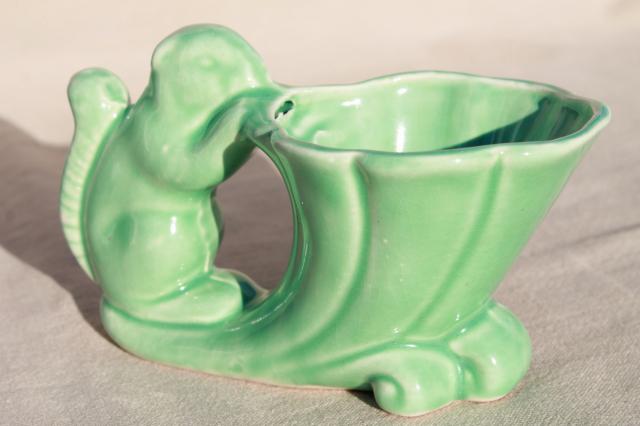 vintage green glaze McCoy pottery planter, squirrel on horn of plenty cornucopia