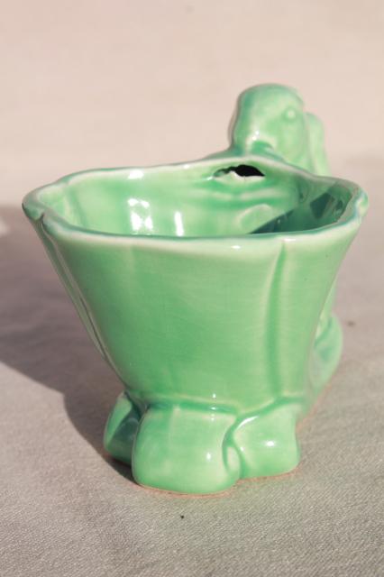 vintage green glaze McCoy pottery planter, squirrel on horn of plenty cornucopia