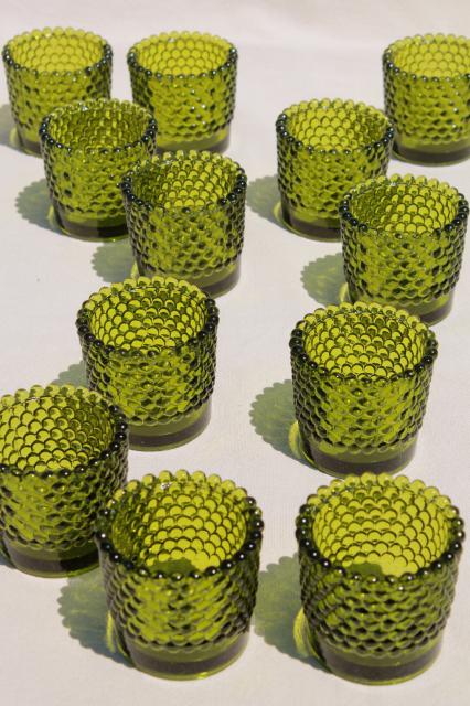 vintage green hobnail glass tea light candle cups, votive holders for individual table settings