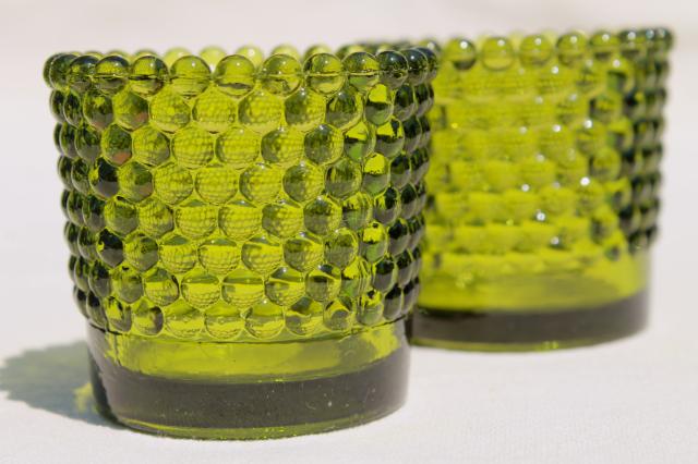 vintage green hobnail glass tea light candle cups, votive holders for individual table settings 