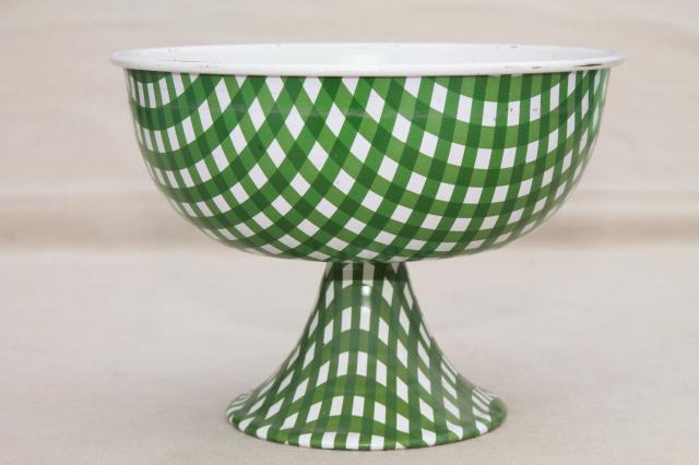 vintage green & white checked gingham tin candy dish or flower bowl, litho print metal