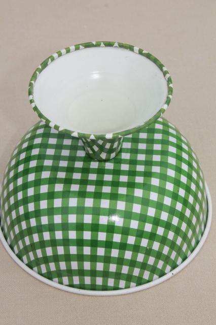 vintage green & white checked gingham tin candy dish or flower bowl, litho print metal