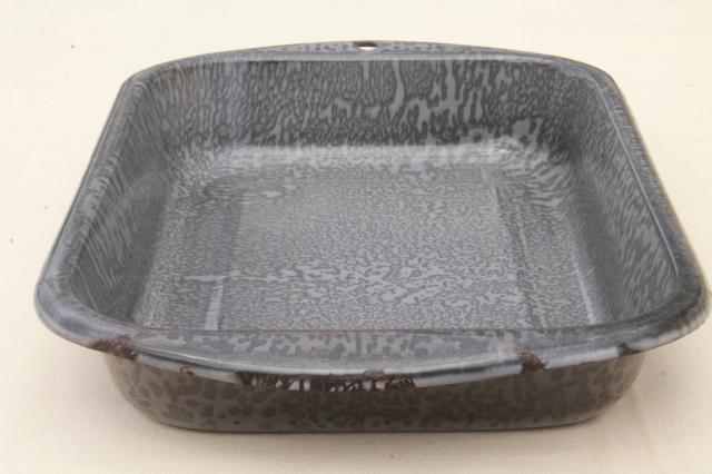 vintage grey spatterware graniteware enamel, old enamelware baking roasting pan tray
