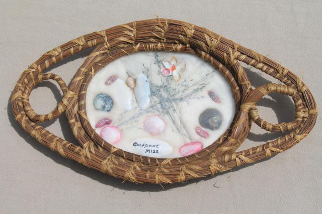 vintage gulf coast souvenirs, seashell flower pictures in pine needle basket tray frames