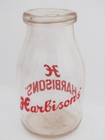 vintage half-pint glass milk bottle, old Harbisons Dairy advertising, Philadelphia