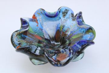 vintage hand blown art glass bowl, Murano glass confetti colors aventurine sparkles