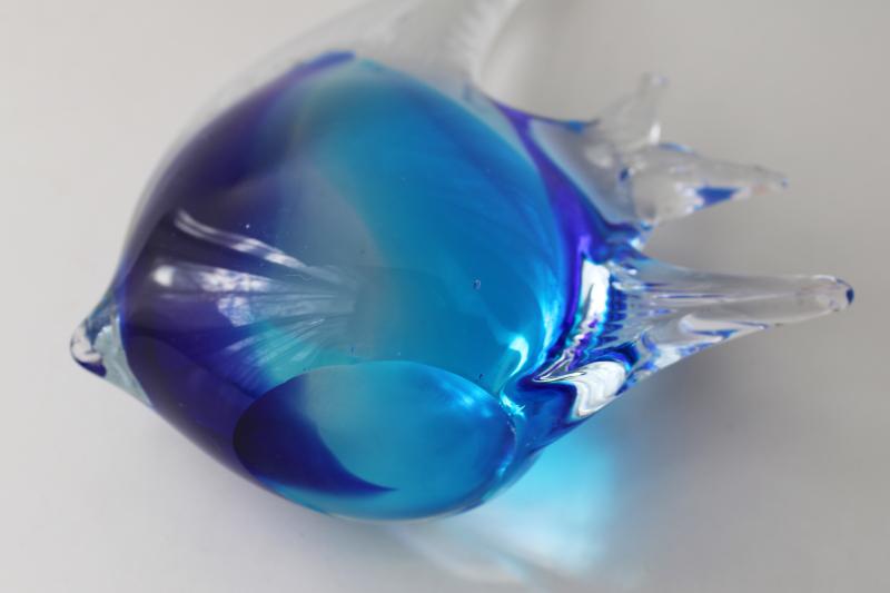 vintage hand blown glass angel fish paperweight, blue wave crystal angelfish