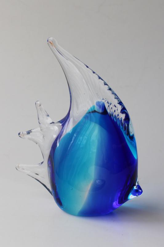 vintage hand blown glass angel fish paperweight, blue wave crystal angelfish