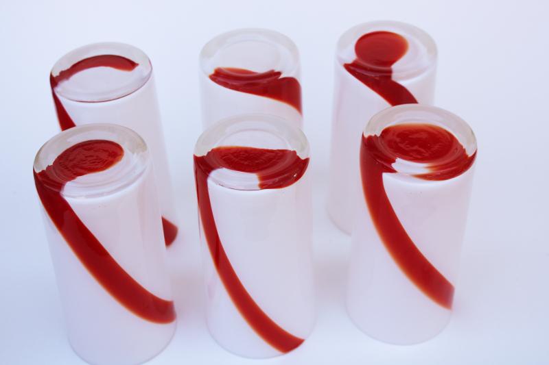 vintage hand blown glass drinking glasses, red & white swirl striped tumblers