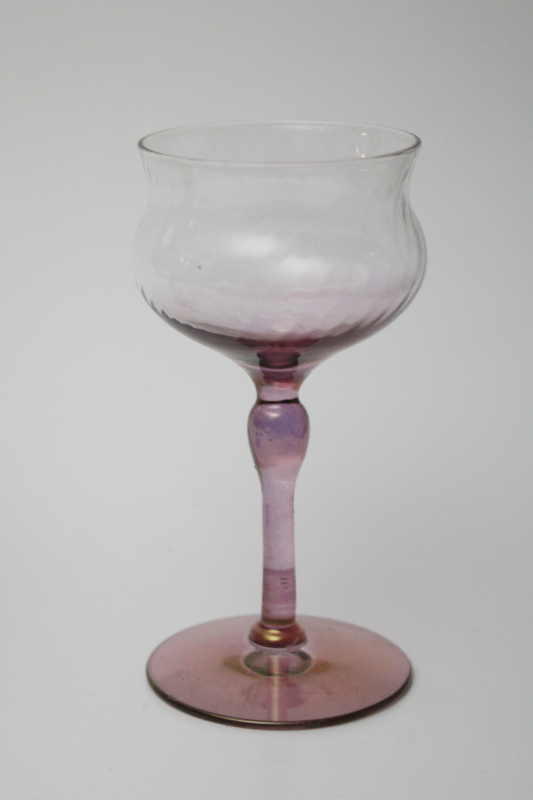 vintage hand blown glass sherry glasses, tiny goblets optic swirl w/ amethyst luster stems