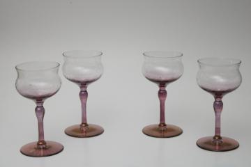 vintage hand blown glass sherry glasses, tiny goblets optic swirl w/ amethyst luster stems