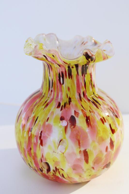 vintage hand blown splatter glass vase, confetti pink & yellow white cased glass