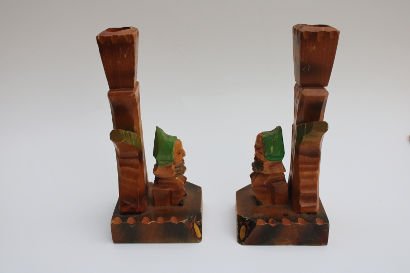 vintage hand carved wood candlesticks, trees with gnomes fairy tale Black Forest Bavaria