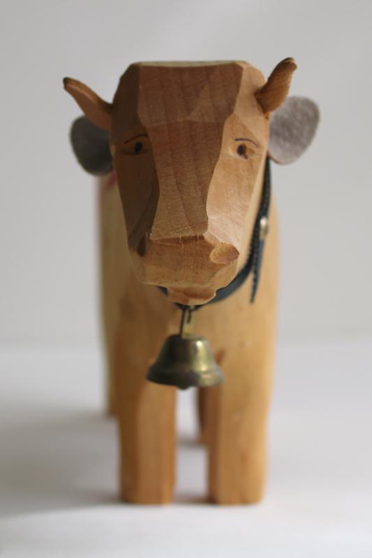 vintage hand carved wood cow made in Switzerland, spotted Brown Swiss toy figure