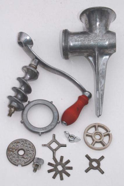 vintage hand crank food chopper meat grinder, Master-Brac kitchen tool w/ blades