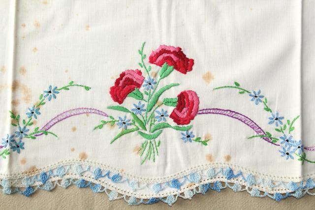 vintage hand embroidered pillowcases w/ crochet lace edgings, shabby cottage style bedding lot
