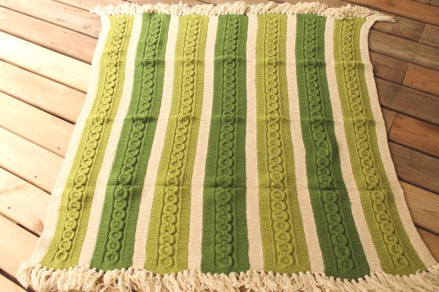 vintage hand knit wool blanket, knitted afghan aran cables, striped in cream & irish green