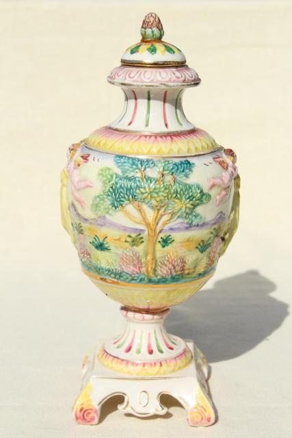 vintage hand painted Italian ceramic urn, 1930s lady in Elysian fields w/ cherubs!