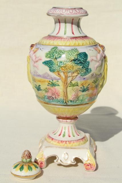 vintage hand painted Italian ceramic urn, 1930s lady in Elysian fields w/ cherubs!