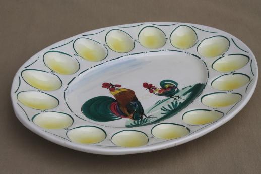 vintage hand painted Italian cermaic egg plate w/ roosters, deviled egg serving tray