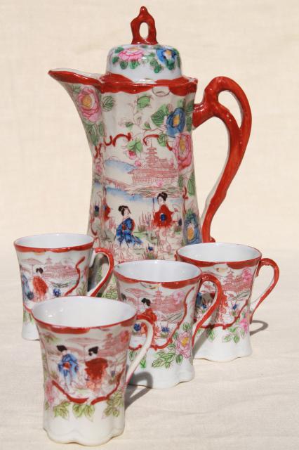 vintage hand painted Japan Geisha girl china, porcelain chocolate pot & cups set
