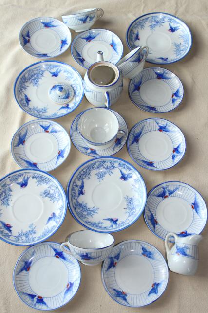 vintage hand painted Japan blue bird china doll dishes, child's play toy tea party set