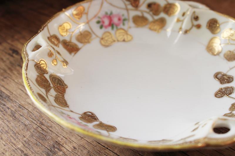 vintage hand painted Nippon china candy dish, gold moriage and pink roses